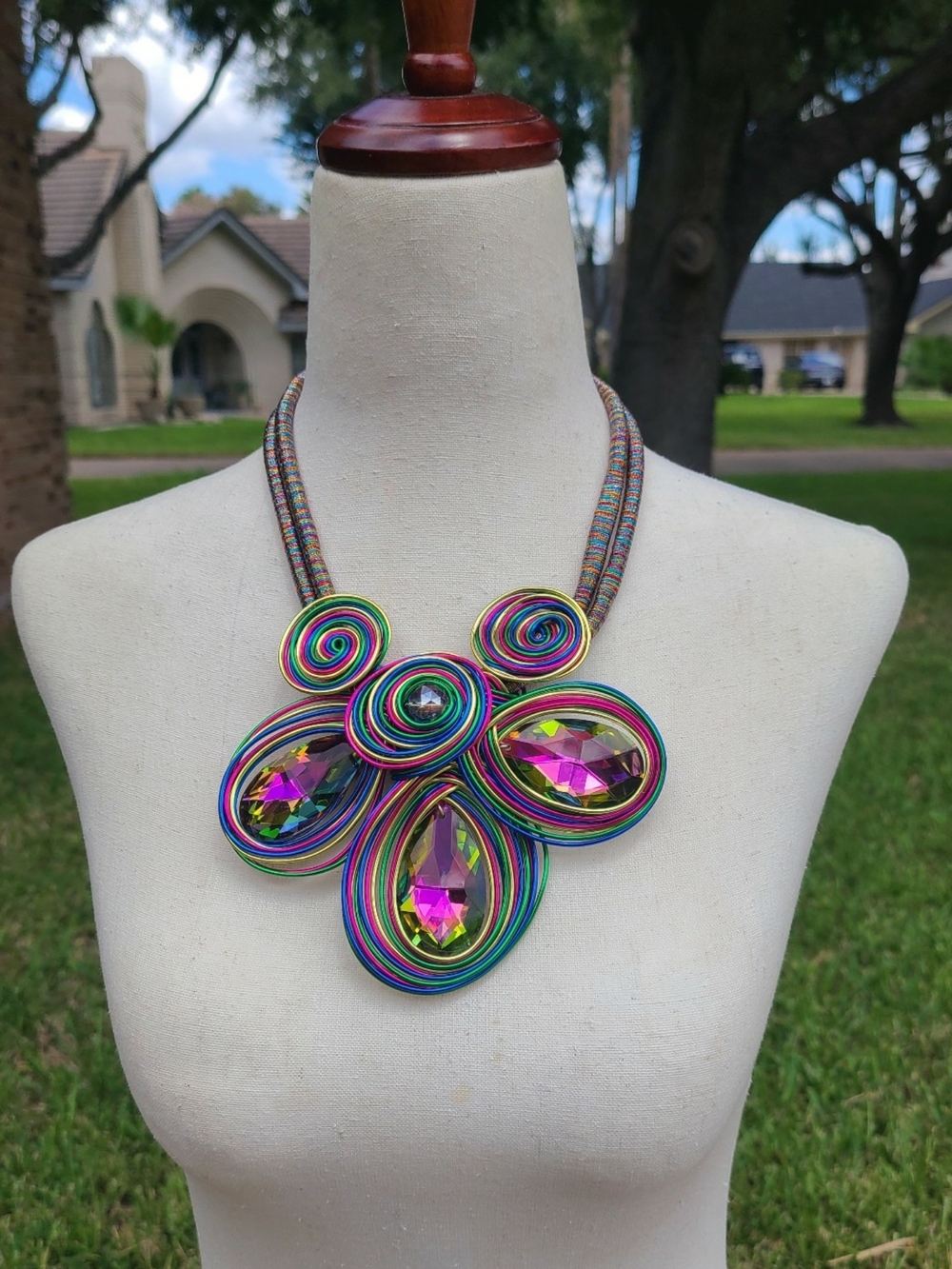 Rainbow Wire Statement Necklace with Pink Crystal Drops